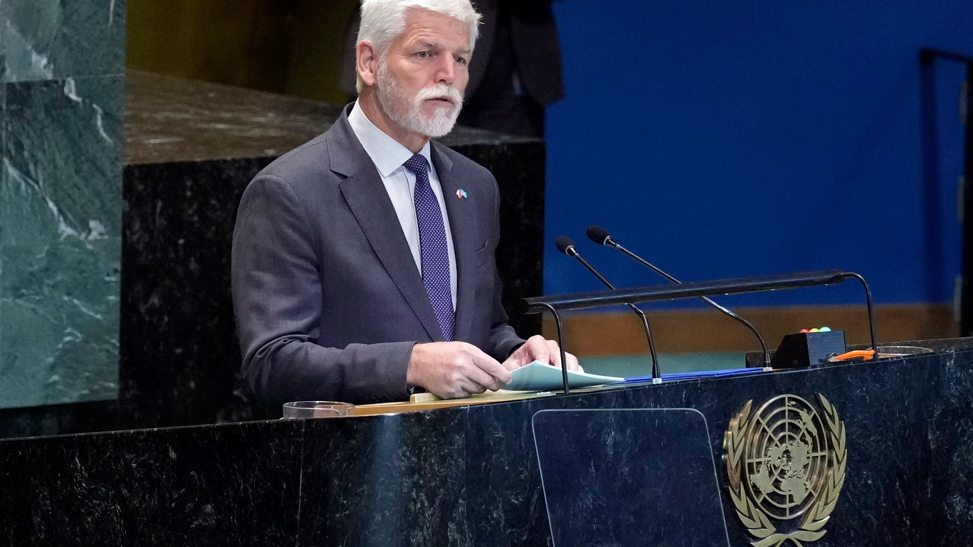 President of the Czech Republic Petr Pavel addresses the Summit of the Future in the United Nations General Assembly, Monday, Sept. 23, 2024. (AP Photo/Richard Drew)
