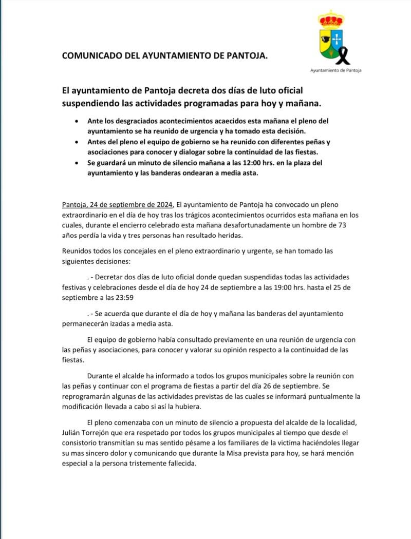 Comunicado oficial del Ayuntamiento de Pantoja