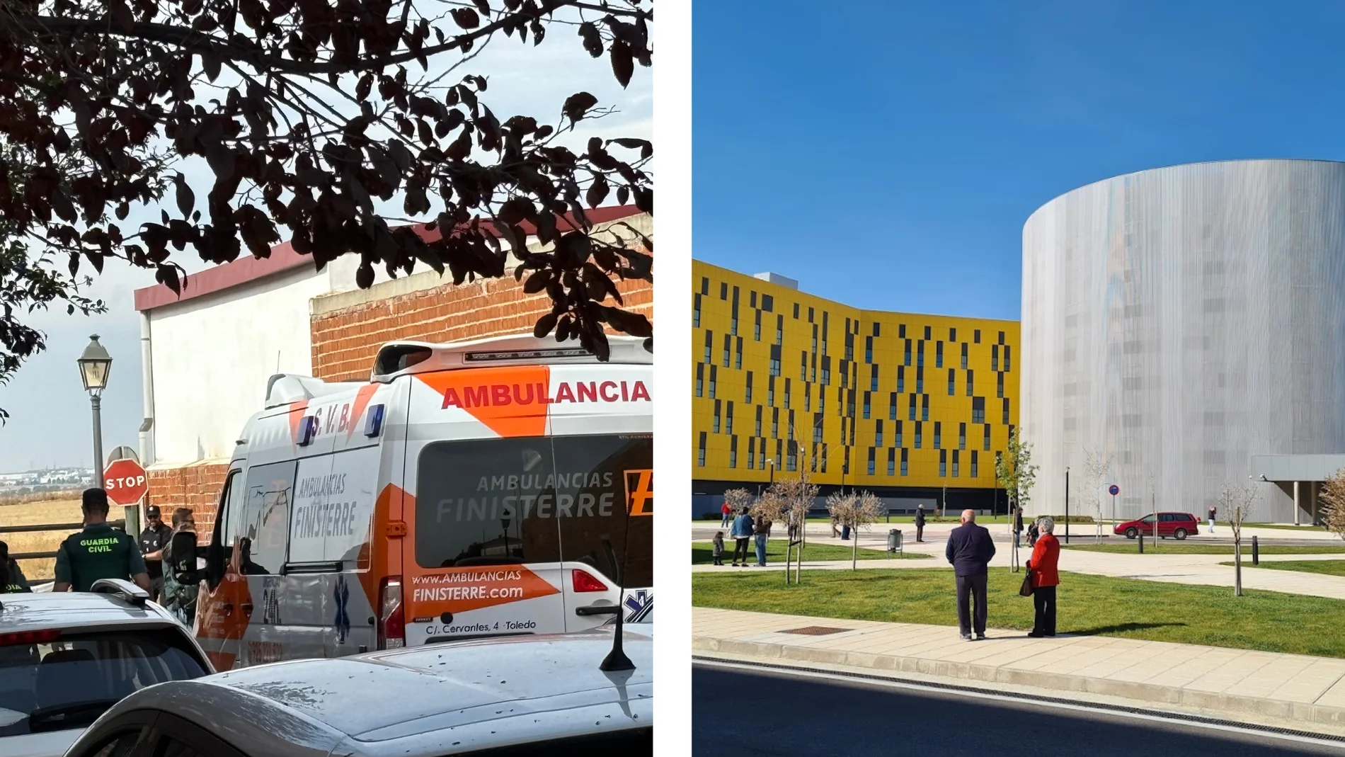 (Izquierda) - Una ambulancia en las inmediaciones de la Plaza de Torros de Pantoja (Derecha) - Hospital Universitario de Toledo
