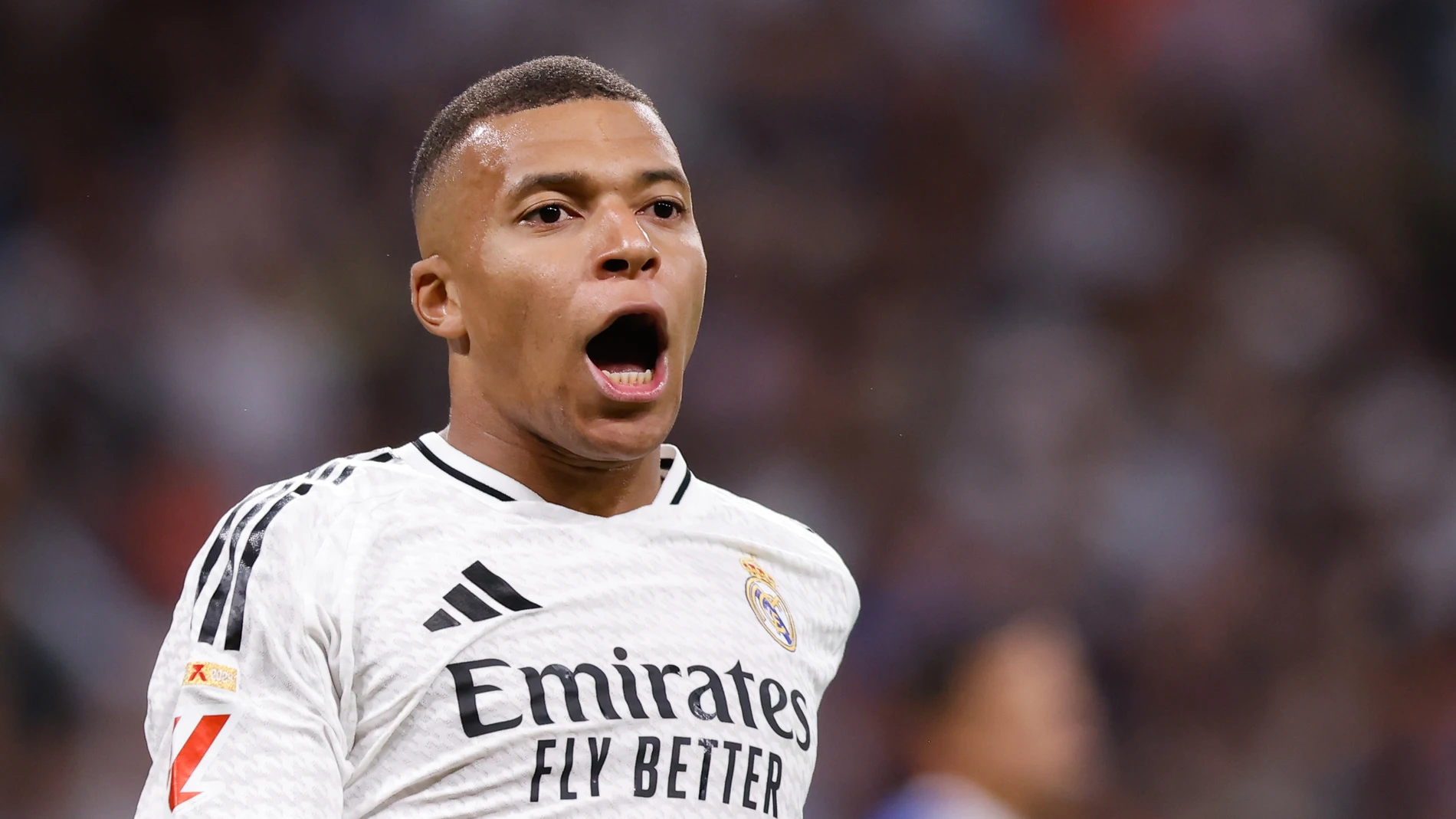Kylian Mbappe of Real Madrid celebrates a goal during the Spanish League, LaLiga EA Sports, football match played between Real Madrid and Deportivo Alaves at Santiago Bernabeu stadium on September 24, 2024, in Madrid, Spain. AFP7 24/09/2024 ONLY FOR USE IN SPAIN