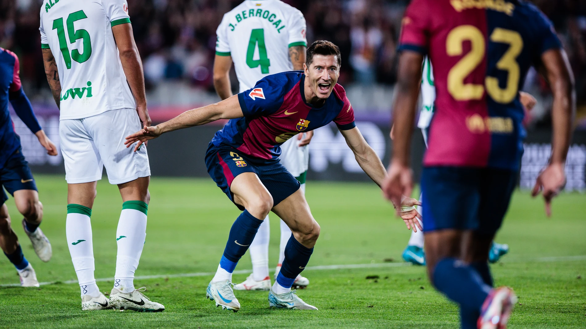 Robert Lewandowski of FC Barcelona celebrates a goal during the Spanish league, La Liga EA Sports, football match played between FC Barcelona and Getafe CF at Estadio Olimpico de Montjuic on September 25, 2024 in Barcelona, Spain. AFP7 25/09/2024 ONLY FOR USE IN SPAIN