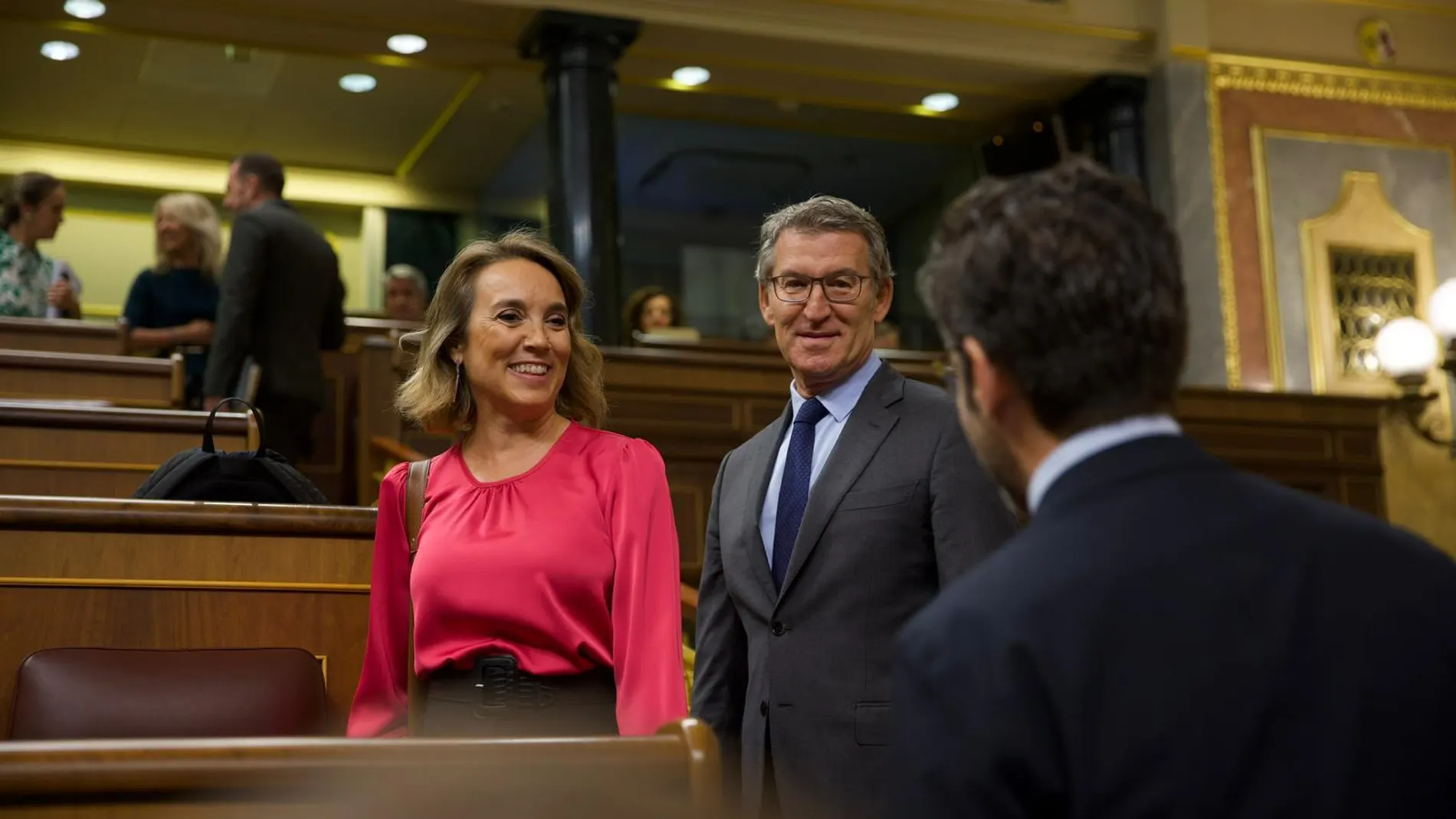 Cuca Gamarra, Alberto Núñez Feijóo y Borja Sémper en el Congreso de los Diputados.