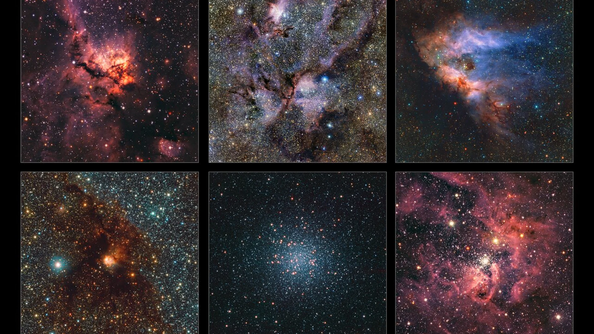 Las imágenes de este collage forman parte de un gigantesco mapa infrarrojo de la Vía Láctea, capturado con el telescopio VISTA y su cámara infrarroja VIRCAM. Este mapa incluye 1.5 mil millones de objetos y se creó en 13 años a través de las encuestas VVV y VVVX.