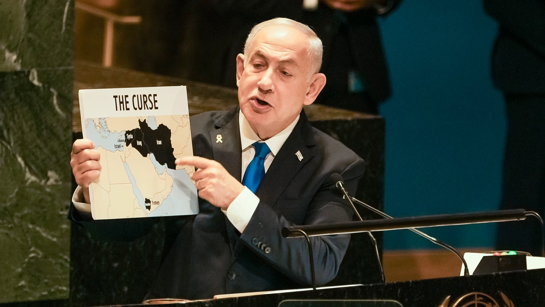 New York (United States), 27/09/2024.- Israeli Prime Minister Benjamin Netanyahu speaks during the General Debate of the 79th session of the United Nations General Assembly at United Nations Headquarters in New York, New York, USA, 27 September 2024. The annual high-level General Debate gathers world leaders from 24 to 28 September, and 30 September under the theme, 'Leaving no one behind: acting together for the advancement of peace, sustainable development and human dignity for present and ...