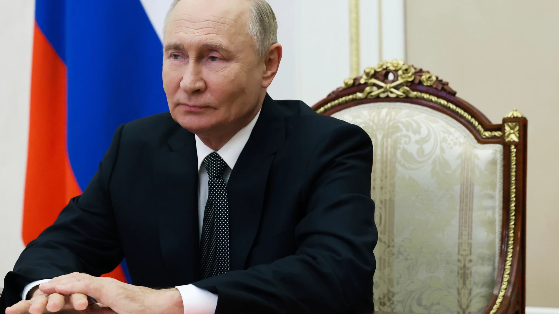 Russian President Vladimir Putin holds a Security Council meeting via videoconference in Moscow, Russia, Friday, Sept. 27, 2024. (Sergei Ilyin, Sputnik, Kremlin Pool Photo via AP)
