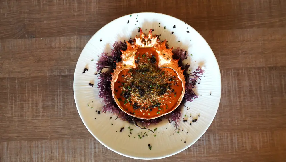 Mezzaluna de burrata y pomodoro como si fuera un txangurro donostiarra