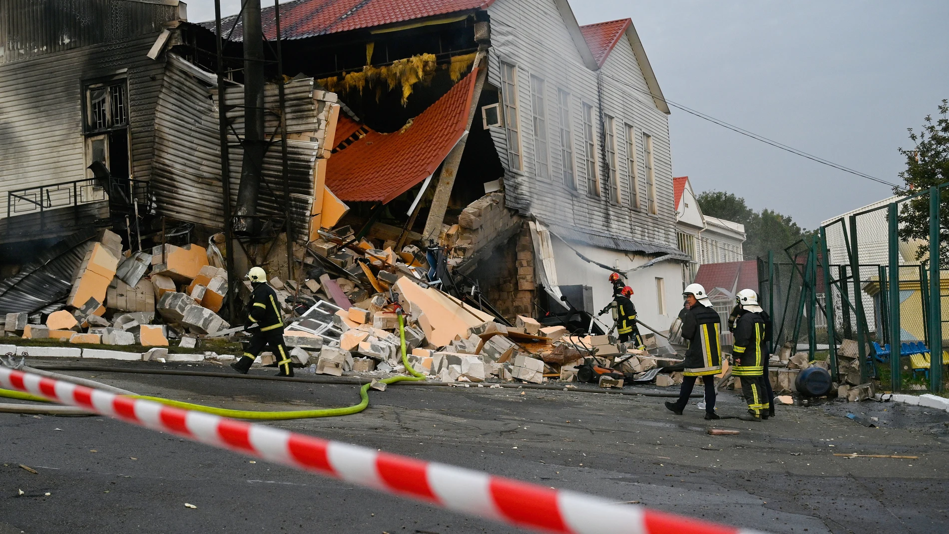 September 2, 2024, Kyiv, Ukraine: Rescuers extinguish a fire in the destroyed gym of the International Academy of Personnel Management, which suffered from a missile attack by the Russian Army in Kyiv. Russian Army inflicted a missile blow on the capital of Ukraine, Sumy, and Kharkiv region. The air defence forces of Ukraine shot down 9 ballistic and 13 cruise missiles. Europa Press/Contacto/Sergei Chuzavkov 02/09/2024 ONLY FOR USE IN SPAIN
