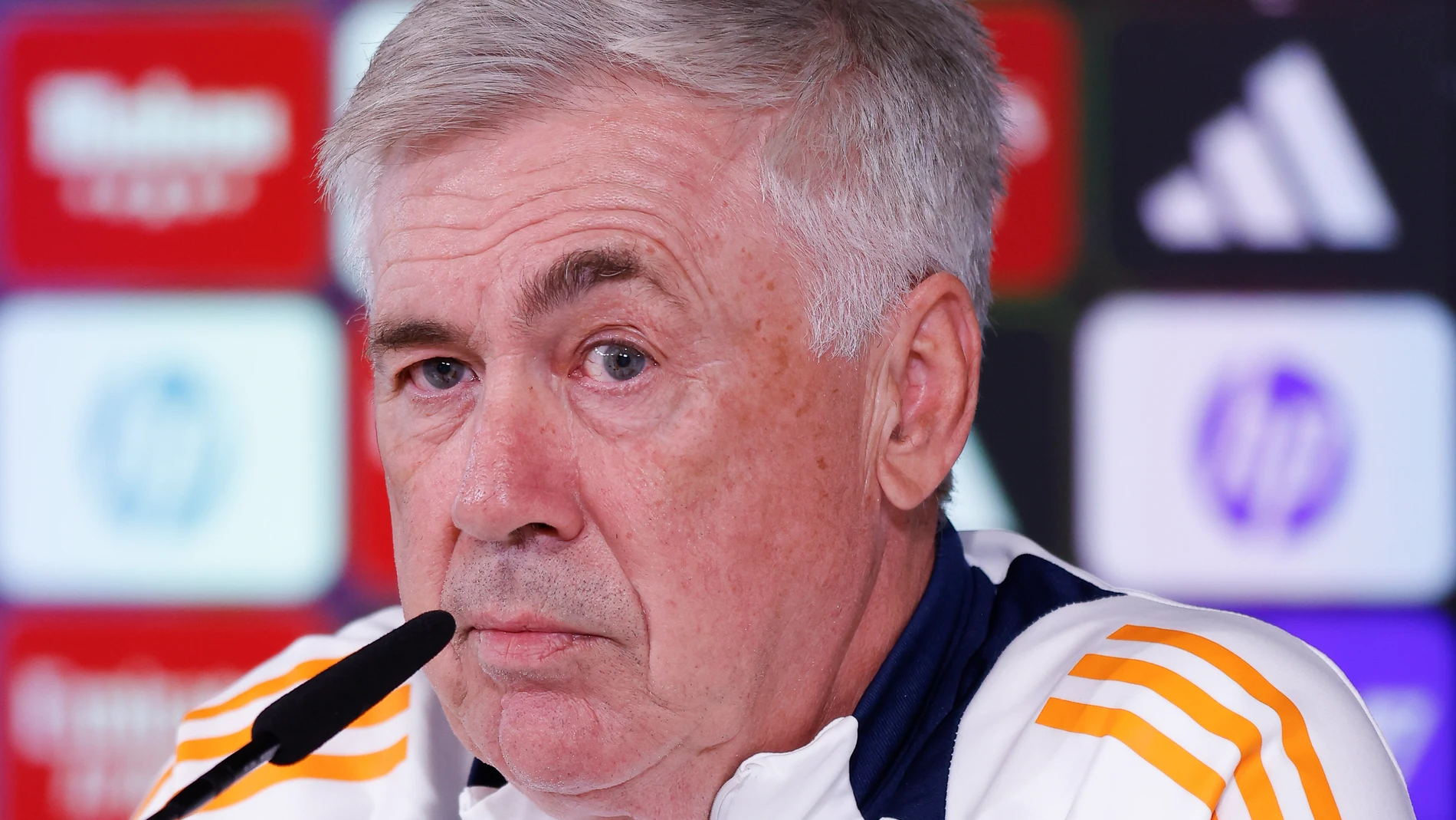 Carlo Ancelotti, head coach of Real Madrid, gives a press conference during the training day of Real Madrid ahead the Spanish League, LaLiga EA Sports, football match against Atletico de Madrid at Ciudad Deportiva Real Madrid on September 28, 2024, in Valdebebas, Madrid, Spain. AFP7 28/09/2024 ONLY FOR USE IN SPAIN