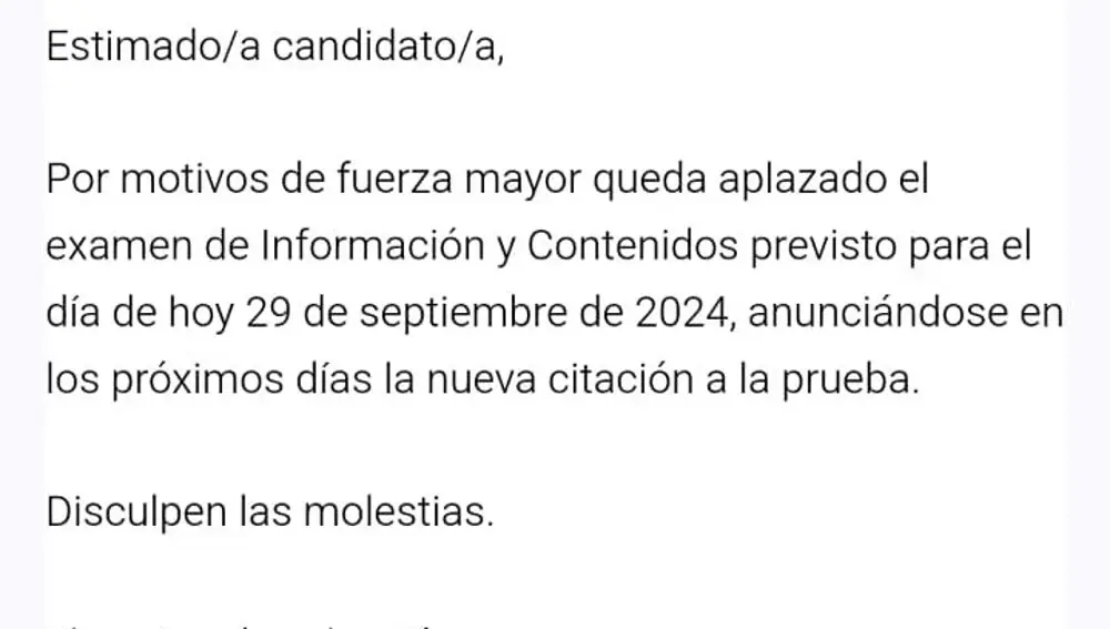 Captura del correo electrónico que han recibido los opositores de RTVE