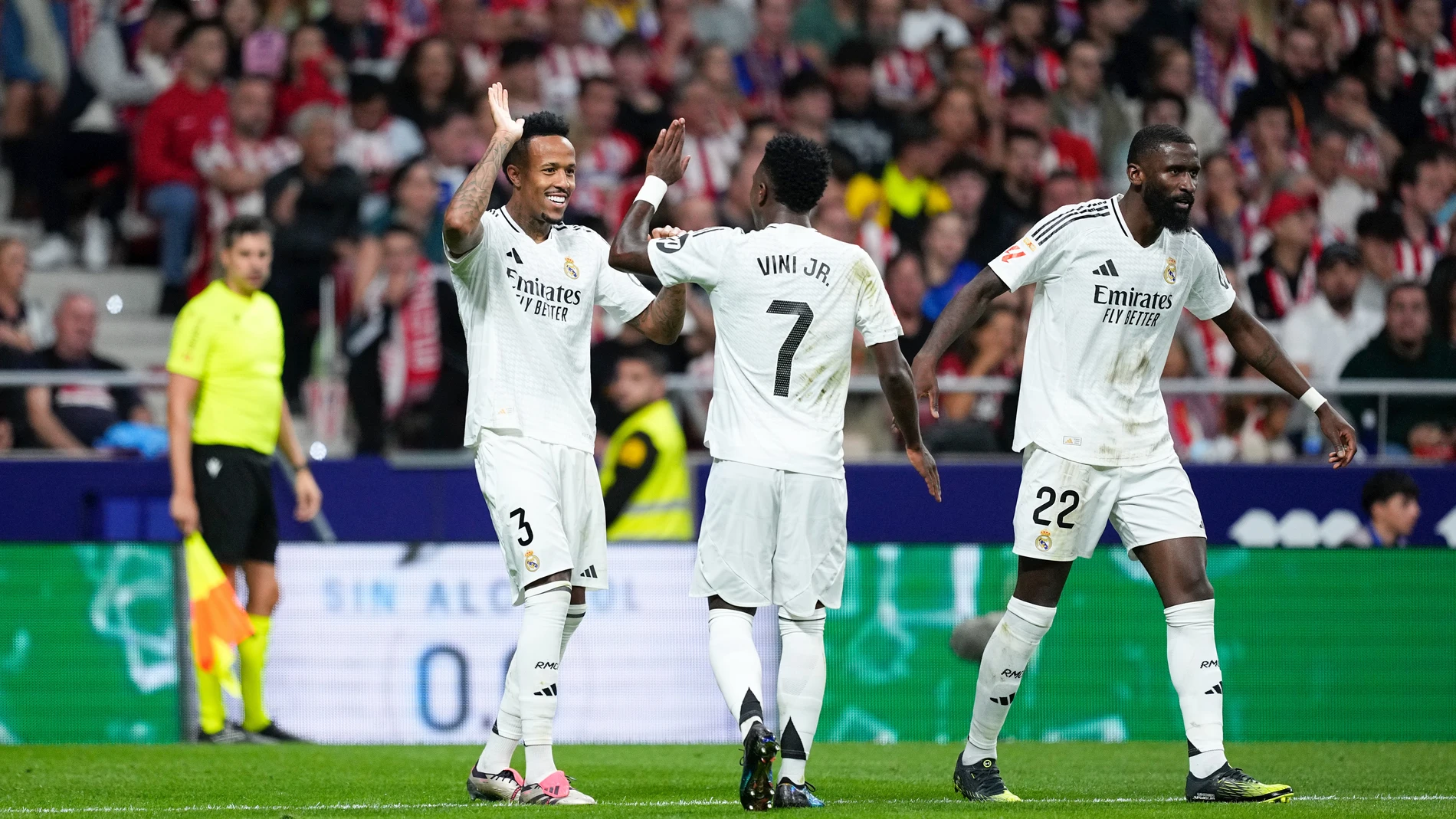 Eder Militao of Real Madrid celebrates a goal during the Spanish League, LaLiga EA Sports, football match played between Atletico de Madrid and Real Madrid at Civitas Metropolitano stadium on September 29, 2024, in Madrid, Spain. AFP7 29/09/2024 ONLY FOR USE IN SPAIN
