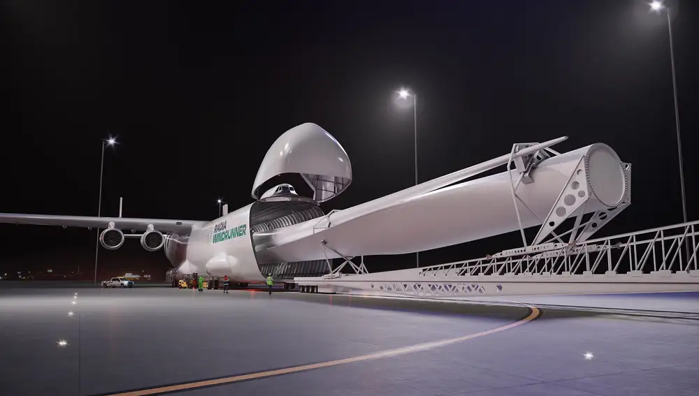 Simulación de como se introduciría una pala de un aerogenerador en el interior del Windrunner