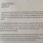 Carta, sin remitente, dirigida a Ana Vázquez, diputada del PP en el Congreso de los Diputados