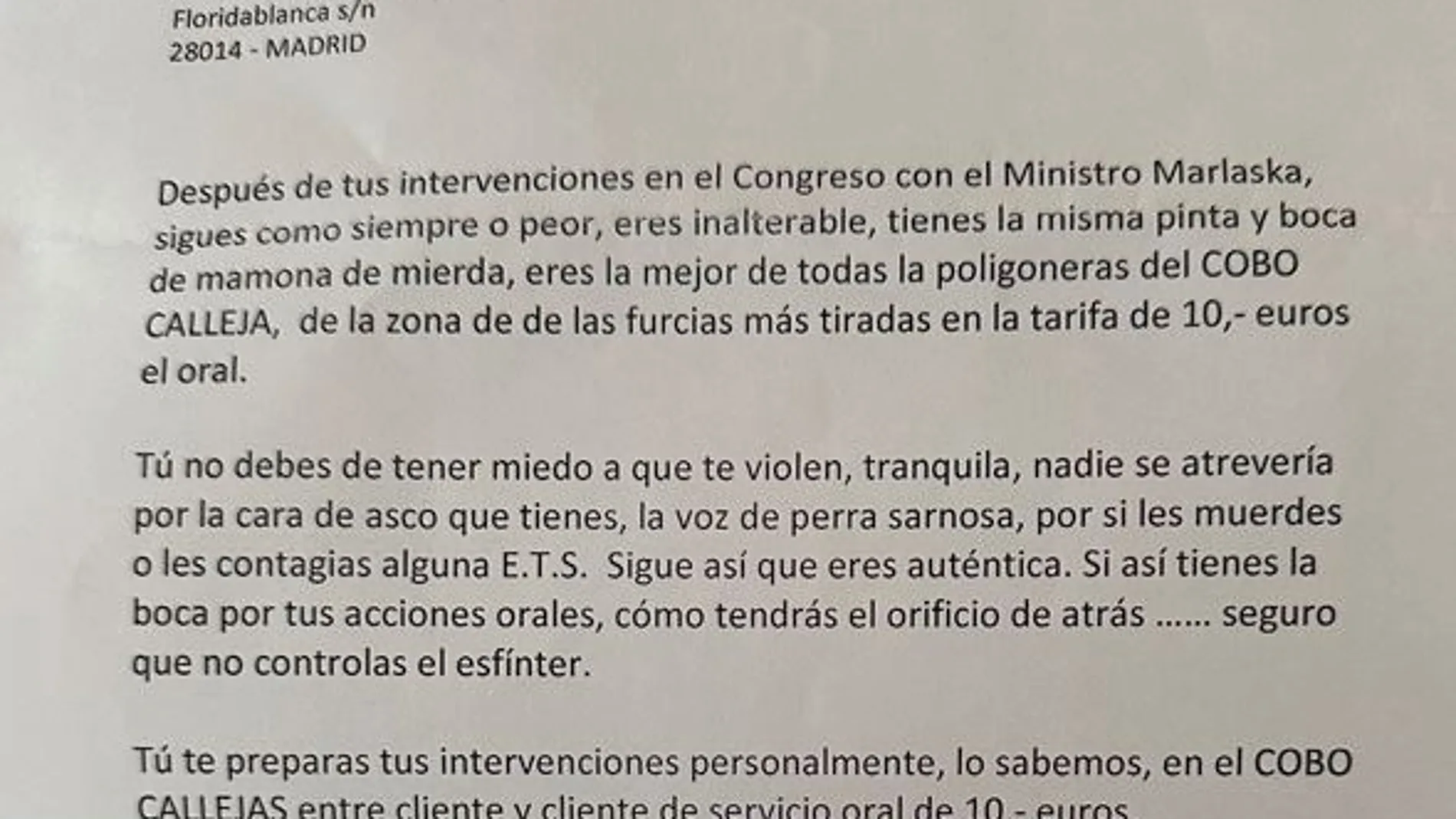 Carta, sin remitente, dirigida a Ana Vázquez, diputada del PP en el Congreso de los Diputados