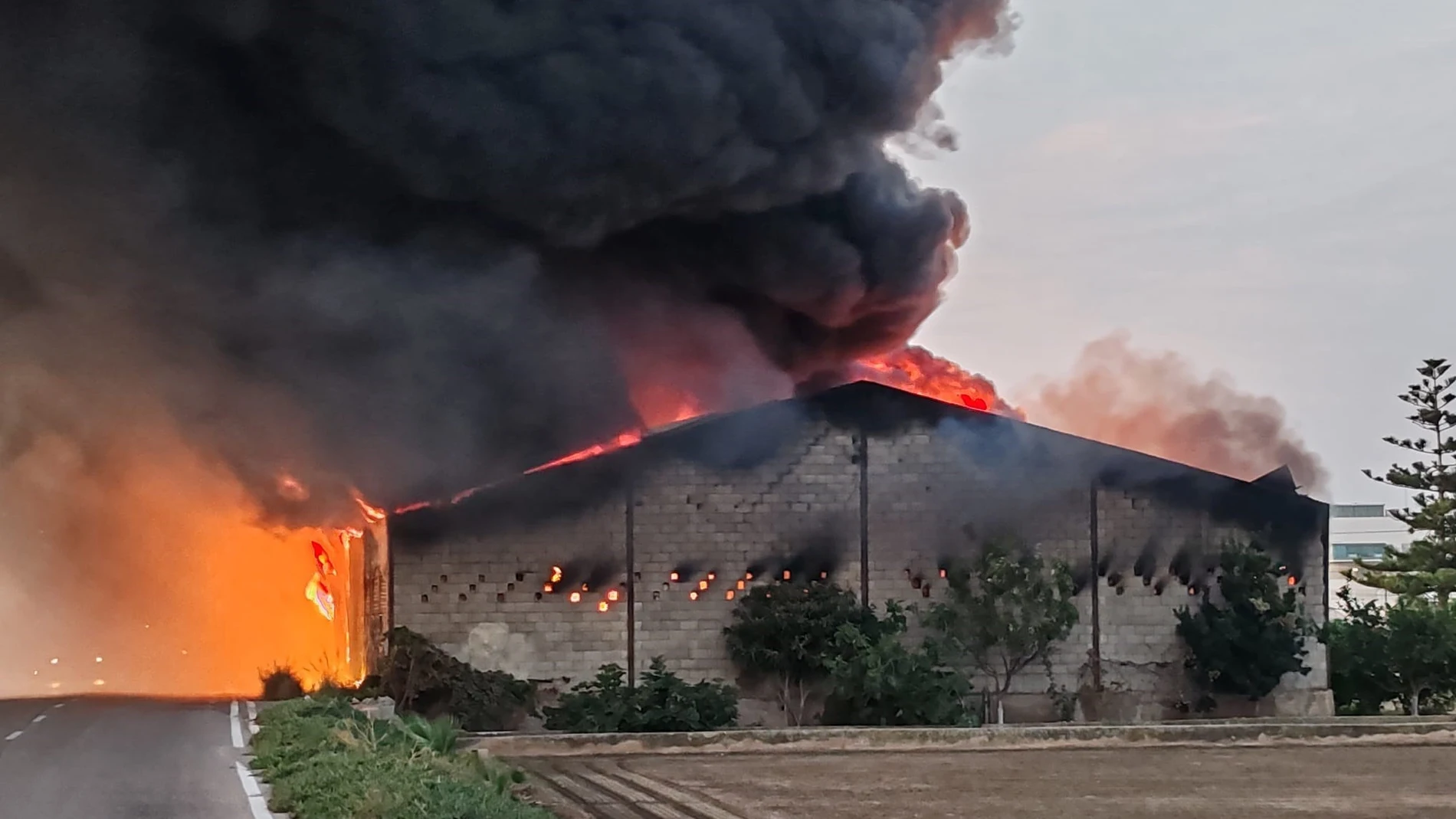 Un incendio que afecta desde primera hora de este domingo a una nave ubicada en el Camí Assagador de Vera, en el término municipal de Alboraia (Valencia). REMITIDA / HANDOUT por POLICÍA LOCAL ALBORAIA Fotografía remitida a medios de comunicación exclusivamente para ilustrar la noticia a la que hace referencia la imagen, y citando la procedencia de la imagen en la firma 06/10/2024