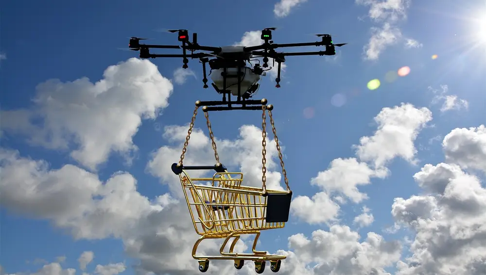 Dron portando un carro de la compra