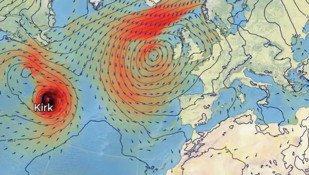 El huracán #Kirk se aproximará al noroeste de la Península entre la tarde del martes y el miércoles ya convertido en potente borrasca.