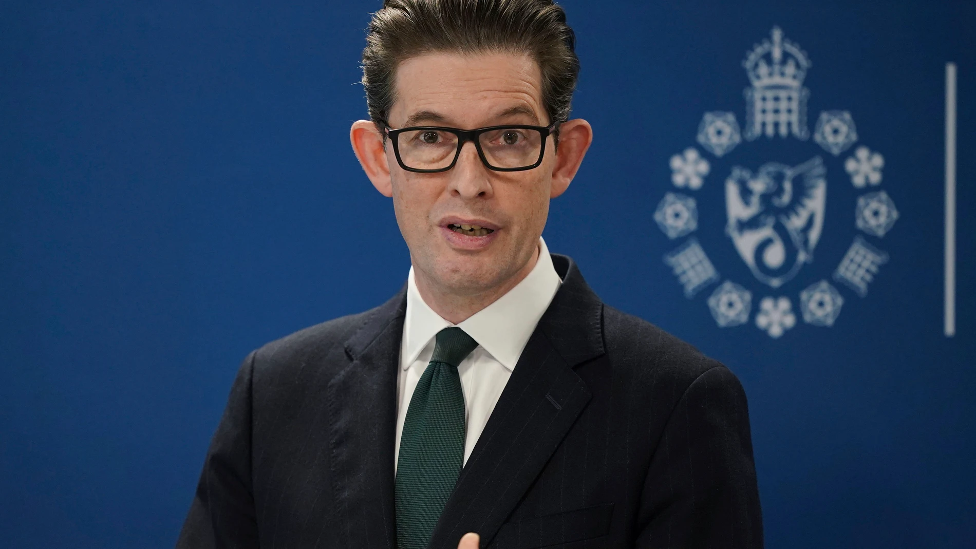 Ken McCallum, Director General of MI5, delivers the annual Director General's speech at Counter Terrorism Operations Centre in west London, Tuesday Oct. 8, 2024. (Yui Mok/PA via AP)