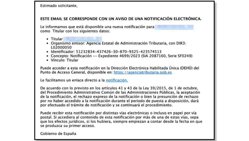 Ejemplo de correo electrónico fraudulento suplantando a la Agencia Tributaria