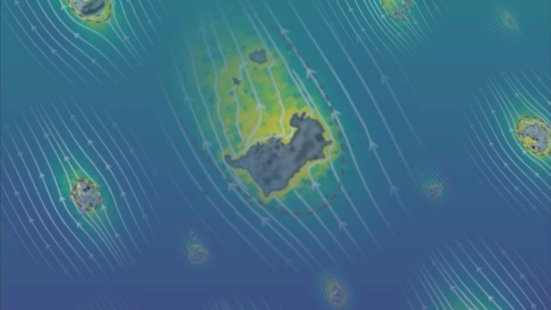 Dibujo del flujo del agua alrededor de los fragmentos de nieve marina según el análisis hecho por la Universidad de Stanford gracias al microscopio rotatorio.