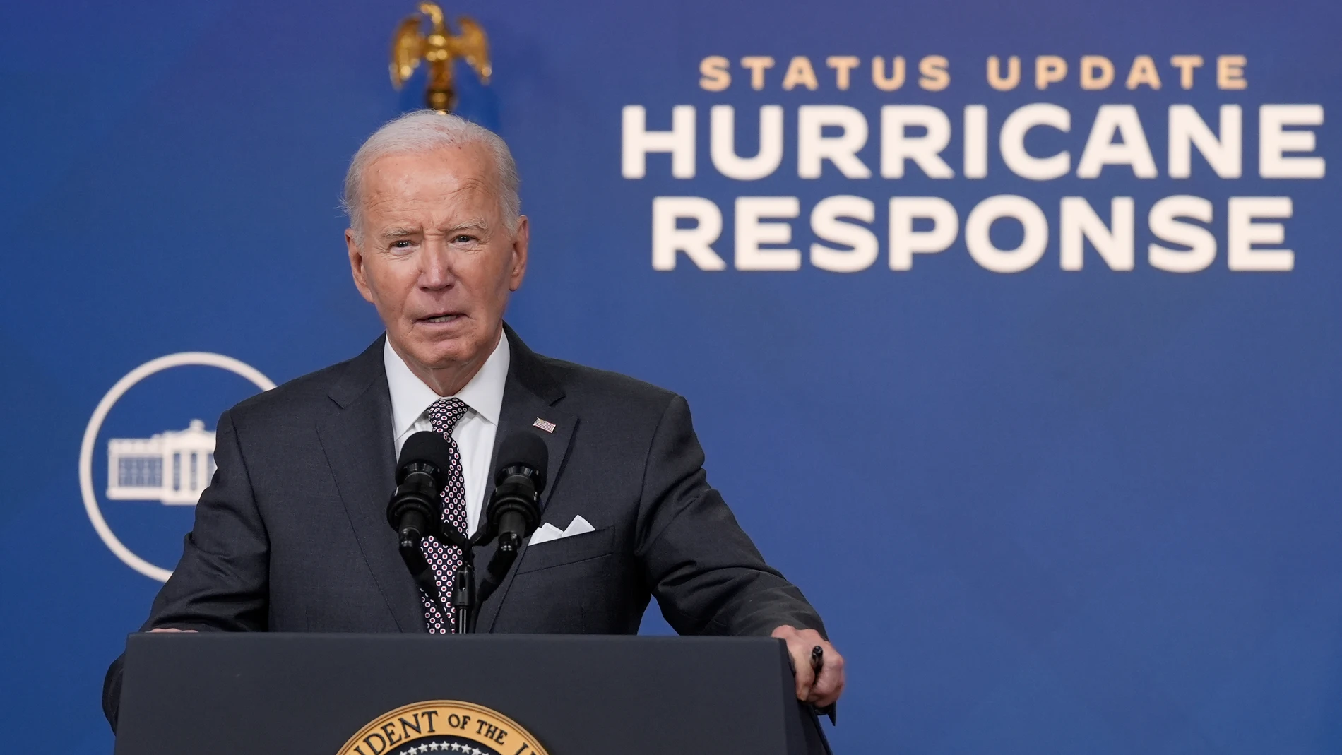 President Joe Biden speaks and gives an update on the impact and the ongoing response to Hurricane Milton, in the South Court Auditorium on the White House complex in Washington, Thursday, Oct. 10, 2024. (AP Photo/Susan Walsh)