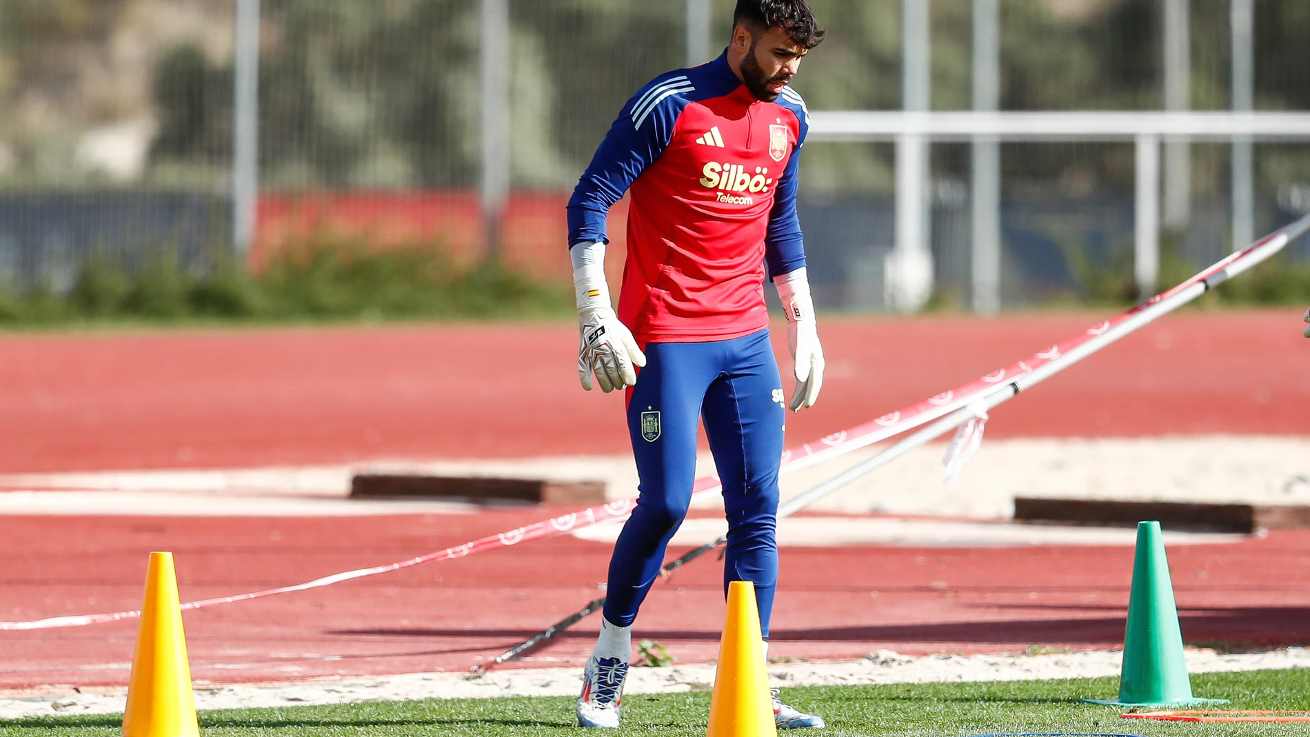David Raya of Spain in action during a training session prior to the Spanish national soccer team's UEFA Nations League matches at Ciudad del Futbol on October 11, 2024, in Las Rozas, Madrid, Spain. AFP7 11/10/2024 ONLY FOR USE IN SPAIN
