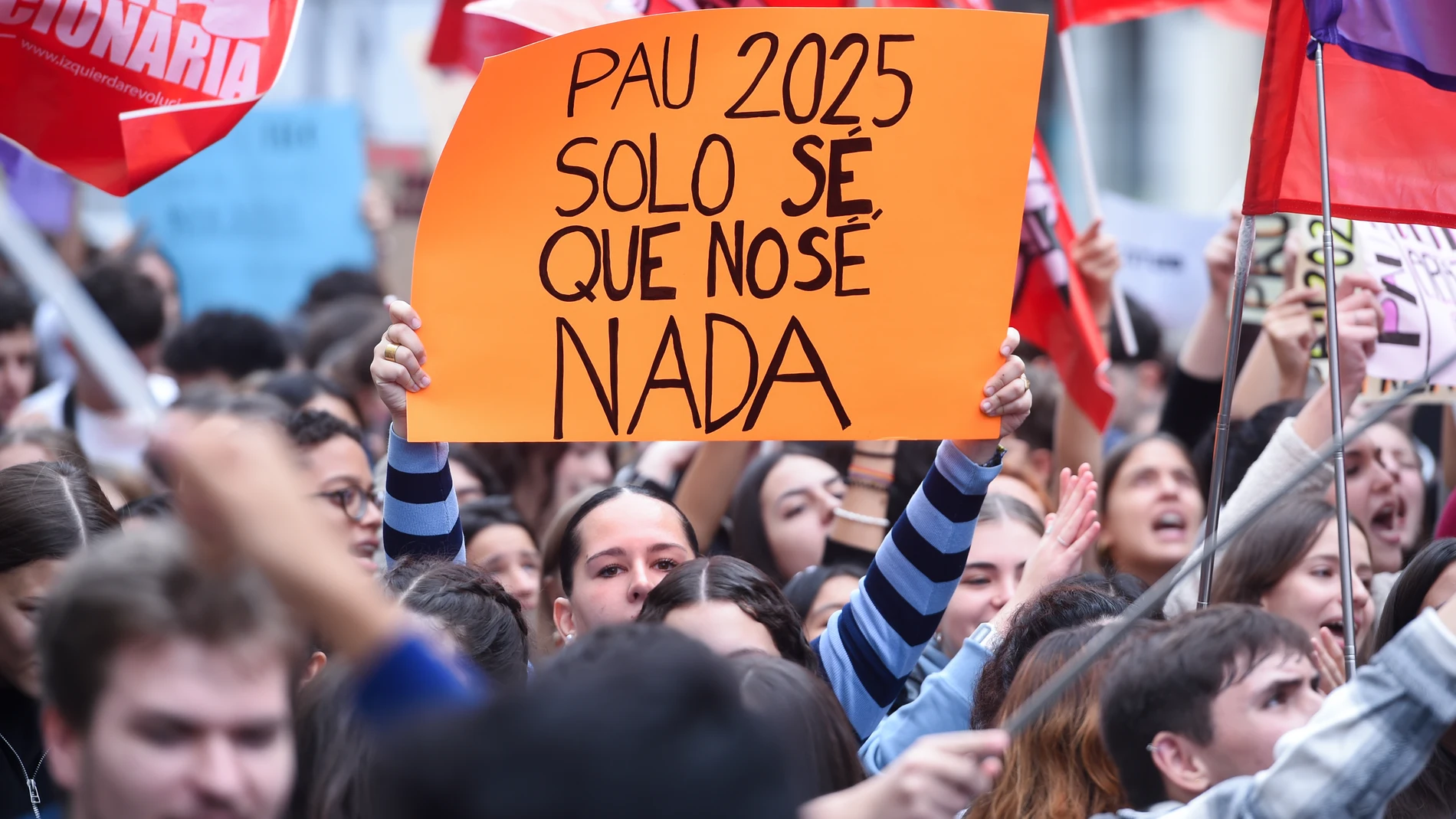 Estudiantes durante una concentración de estudiantes, frente a la Consejería de Educación, Ciencia y Universidades de la Comunidad de Madrid, a 11 de octubre de 2024, en Madrid (España). El Sindicato de Estudiantes ha convocado una huelga en Educación Secundaria Obligatoria (ESO), Bachillerato y Formación Profesional (FP) para exigir que se publique el modelo de examen de la nueva Prueba de Acceso a la Universidad (PAU). La organización ha llamado a todos los estudiantes a organizar acciones ...