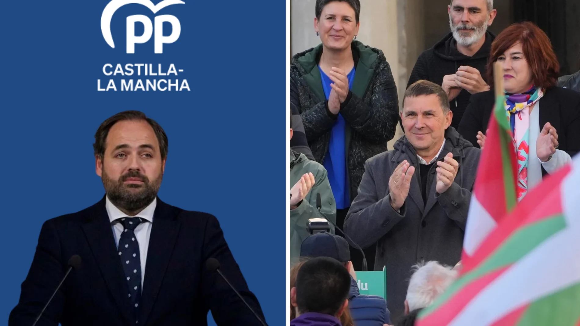 (i) El presidente del PP de Castilla-La Mancha, Francisco Núñez (d) El coordinador de EH Bildu, Arnaldo Otegi, durante un acto de campaña