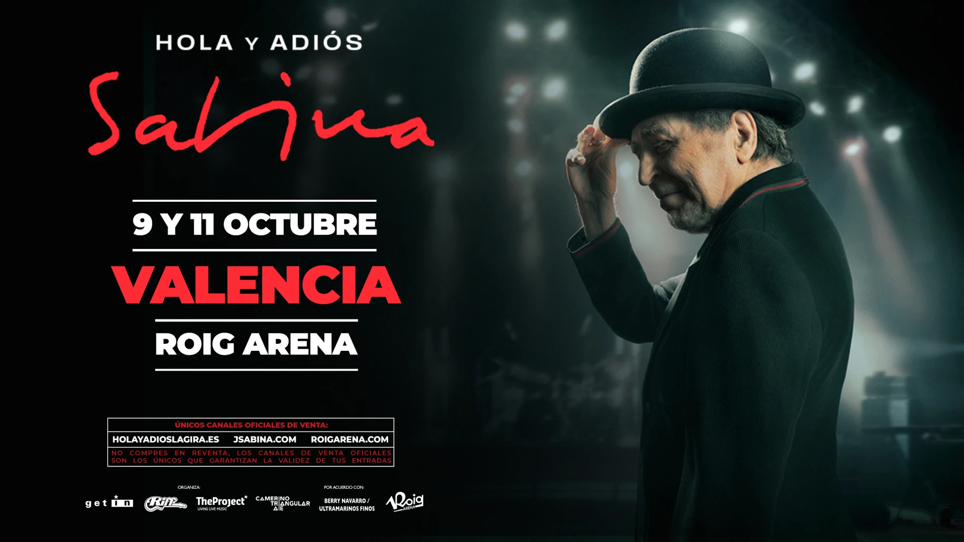 Joaquín Sabina actuará en el Roig Arena los días 9 y 11 de octubre de 2025, dentro de su gira “Hola y Adiós”
