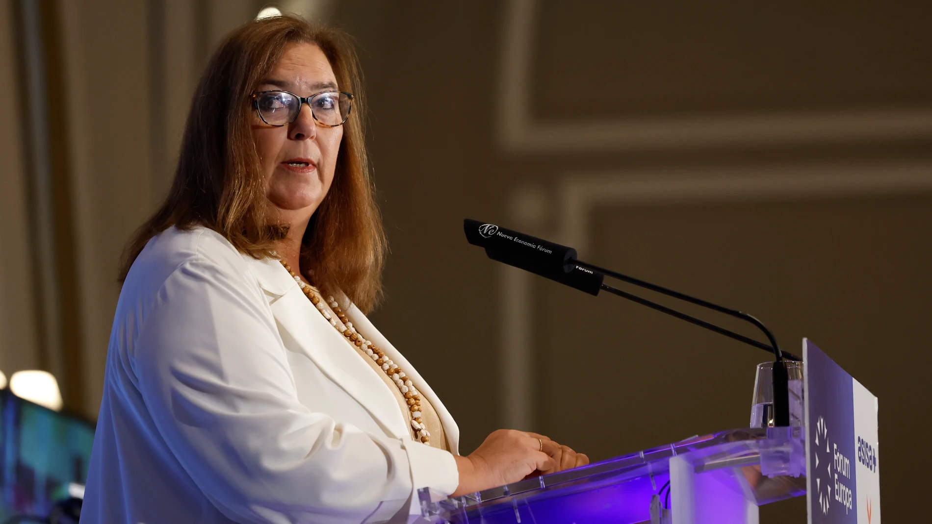 MADRID (ESPAÑA), 17/10/2024.- La presidenta de la Asociación Víctimas del Terrorismo (AVT), Maite Araluce interviene en un desayuno informativo celebrado este jueves en Madrid. EFE/ Mariscal