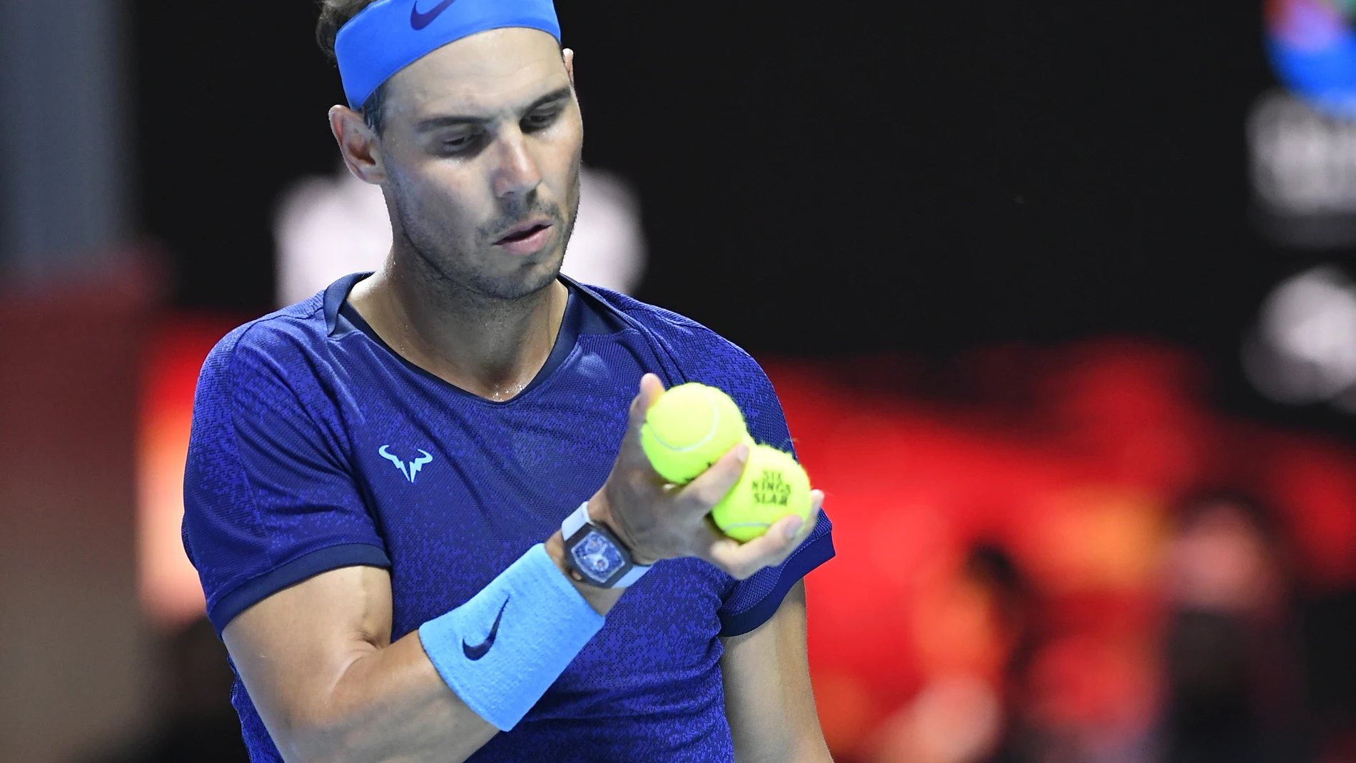 Riyadh (Saudi Arabia), 19/10/2024.- Rafel Nadal of Spain during his third place match against Novak Djokovic of Serbia at the Six Kings Slam exhibition tennis tournament in Riyadh, Saudi Arabia, 19 October 2024. (Tenis, Arabia Saudita, España) EFE/EPA/STR