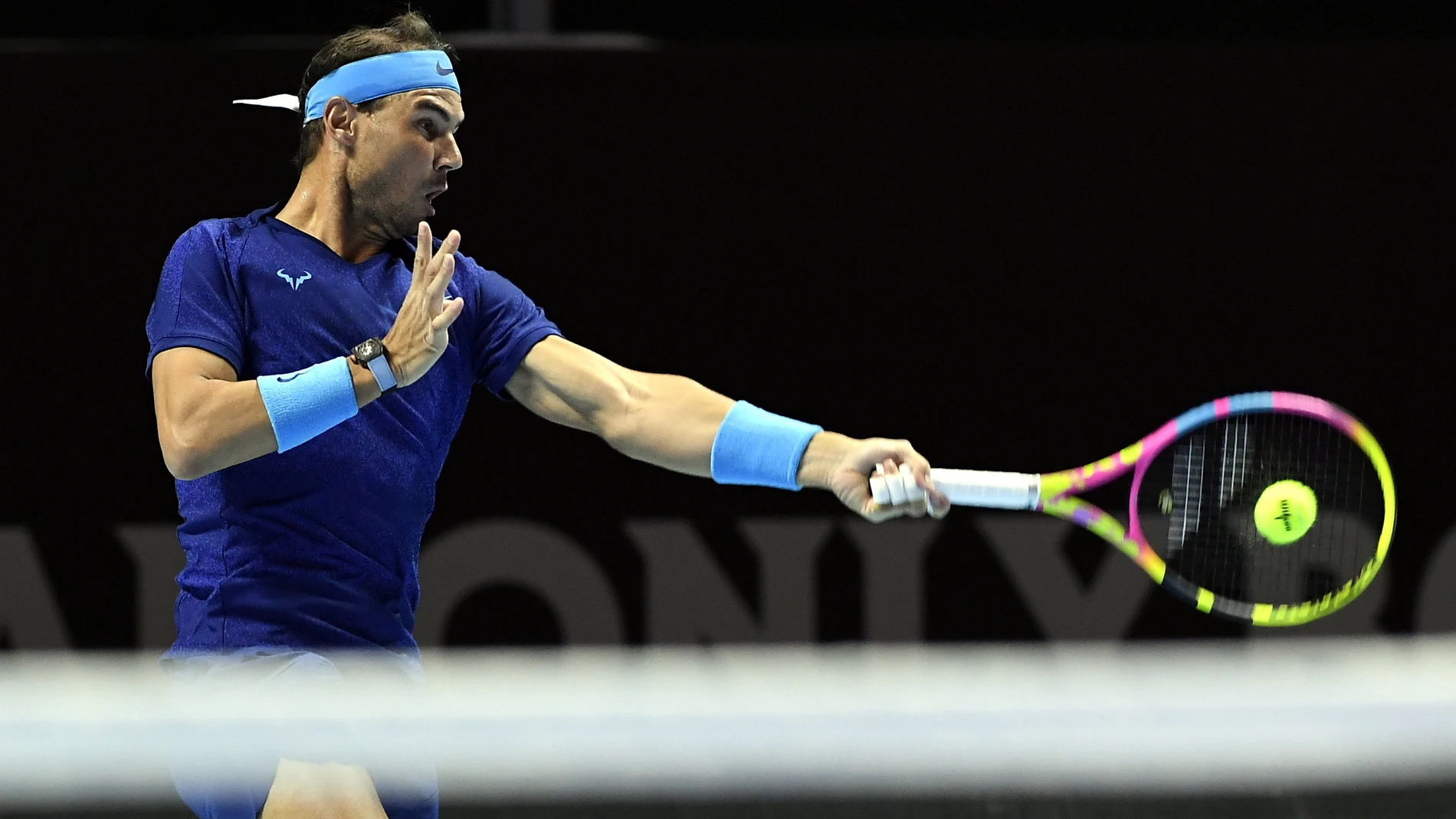 Riyadh (Saudi Arabia), 19/10/2024.- Rafel Nadal of Spain during his third place match against Novak Djokovic of Serbia at the Six Kings Slam exhibition tennis tournament in Riyadh, Saudi Arabia, 19 October 2024. (Tenis, Arabia Saudita, España) EFE/EPA/STR