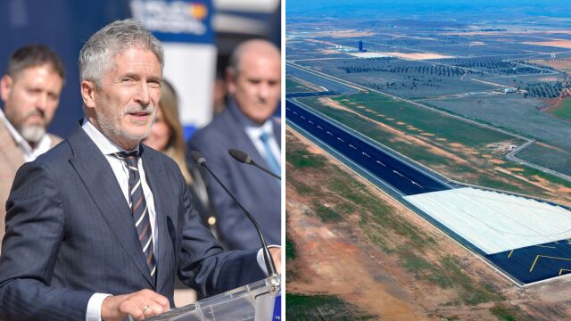 (i) El ministro del Interior, Fernando Grande-Marlaska (d) Vista aérea del aeropuerto de Ciudad Real