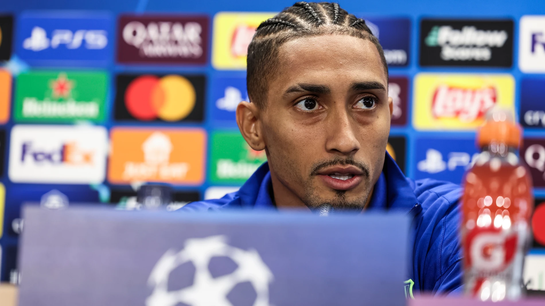 Raphinha Dias Belloli of FC Barcelona attends his press conference during the training day of FC Barcelona ahead the UEFA Champions League, football match against Bayern Munich at Ciudad Esportiva Joan Gamper on October 22, 2024 in Sant Joan Despi, Barcelona, Spain. AFP7 22/10/2024 ONLY FOR USE IN SPAIN