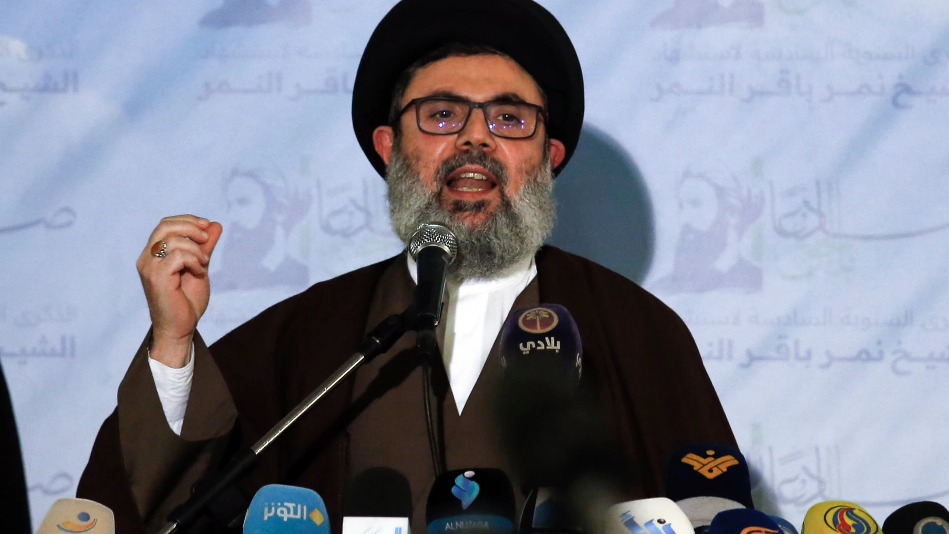 FILE - Senior Hezbollah leader Hashem Safieddine speaks during a news conference in the southern Beirut suburb of Dahiyeh, Lebanon, on Jan. 12, 2022. (AP Photo/Bilal Hussein, File)