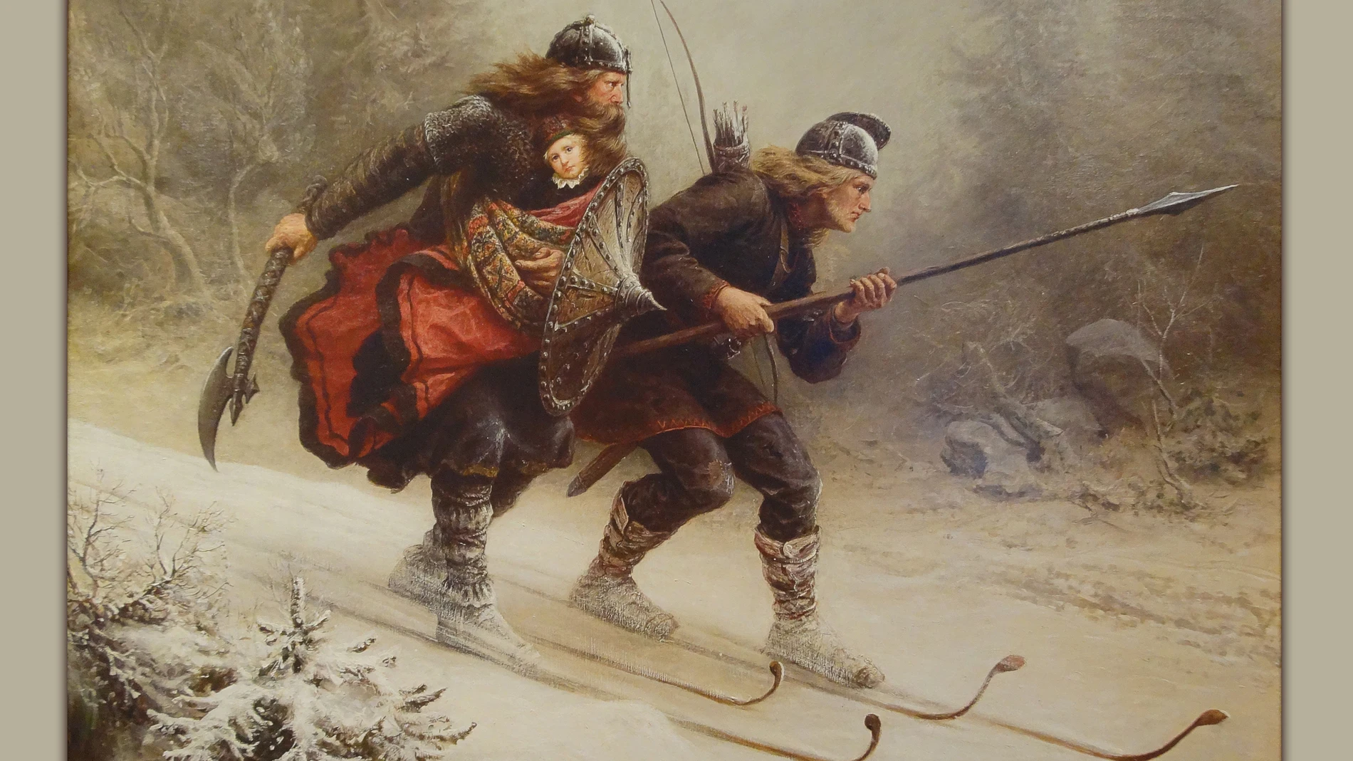 La obra «Birkebeiner» representa a dos esquiadores noruegos salvando al príncipe Haakon