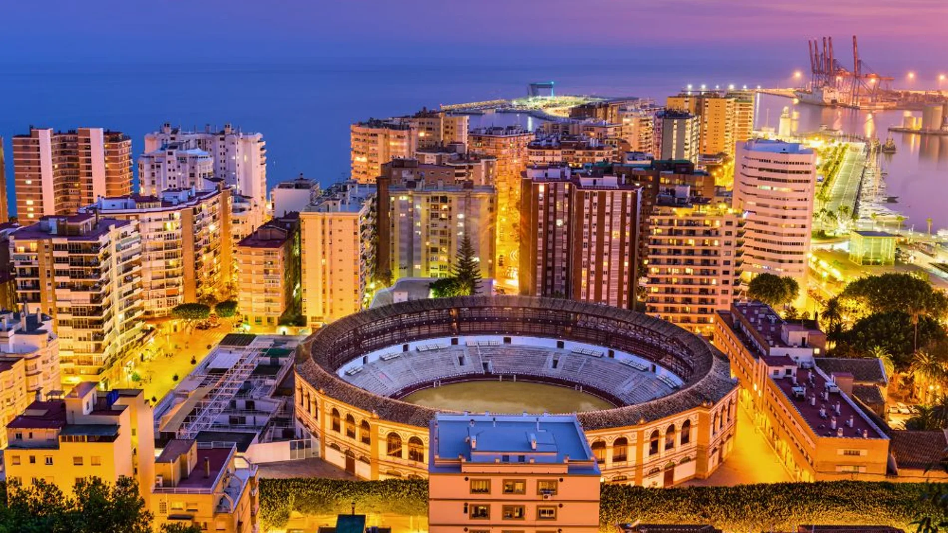 Foto de Málaga de noche ciudad encendida de España