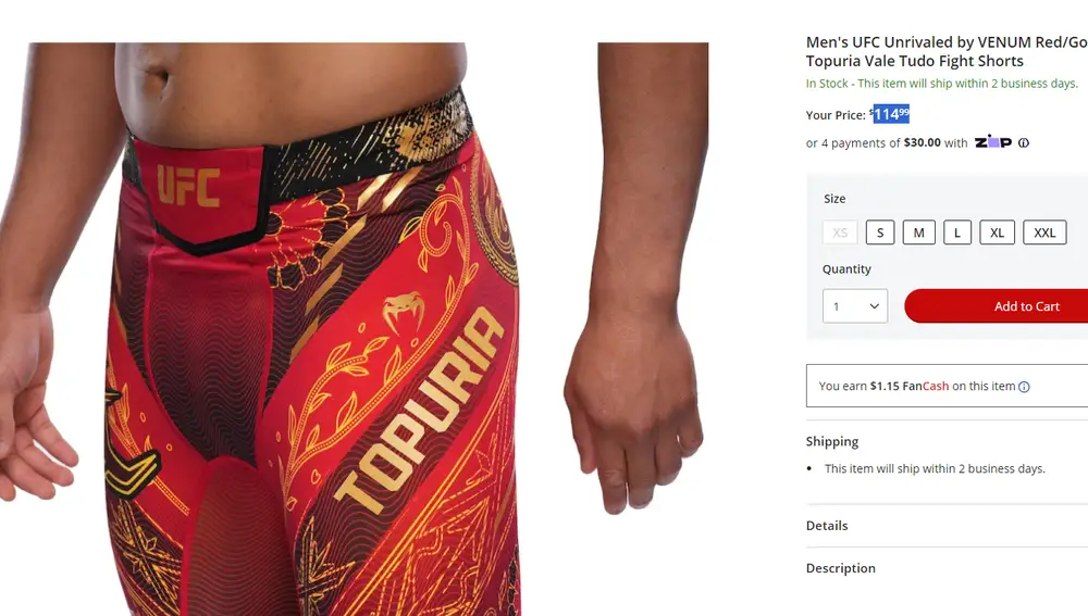 Anuncio en la tienda oficial de la UFC
