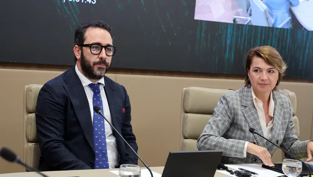 El presidente del Zamaro CF, Víctor de Aldama, sentado junto a la diputada regional del PP Margalida Durán, comparece ante la comisión no permanente de investigación en el Parlament balear, a 20 de mayo de 2024, en Palma de Mallorca.