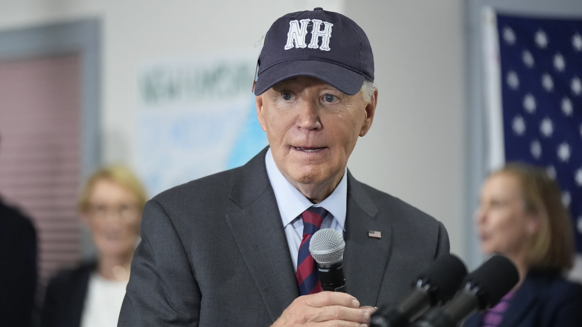 President Joe Biden visits a New Hampshire Democratic coordinated campaign office in Concord, NH, Tuesday, Oct. 22, 2024. (AP Photo/Manuel Balce Ceneta)