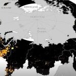 Mapa de actividad humana emisora ​​de luz del Ártico que muestra áreas no iluminadas (negras) versus áreas iluminadas (naranja) con un aumento significativo (amarillo) o una disminución de la actividad humana emisora ​​de luz (violeta) entre 1992 y 2013. 