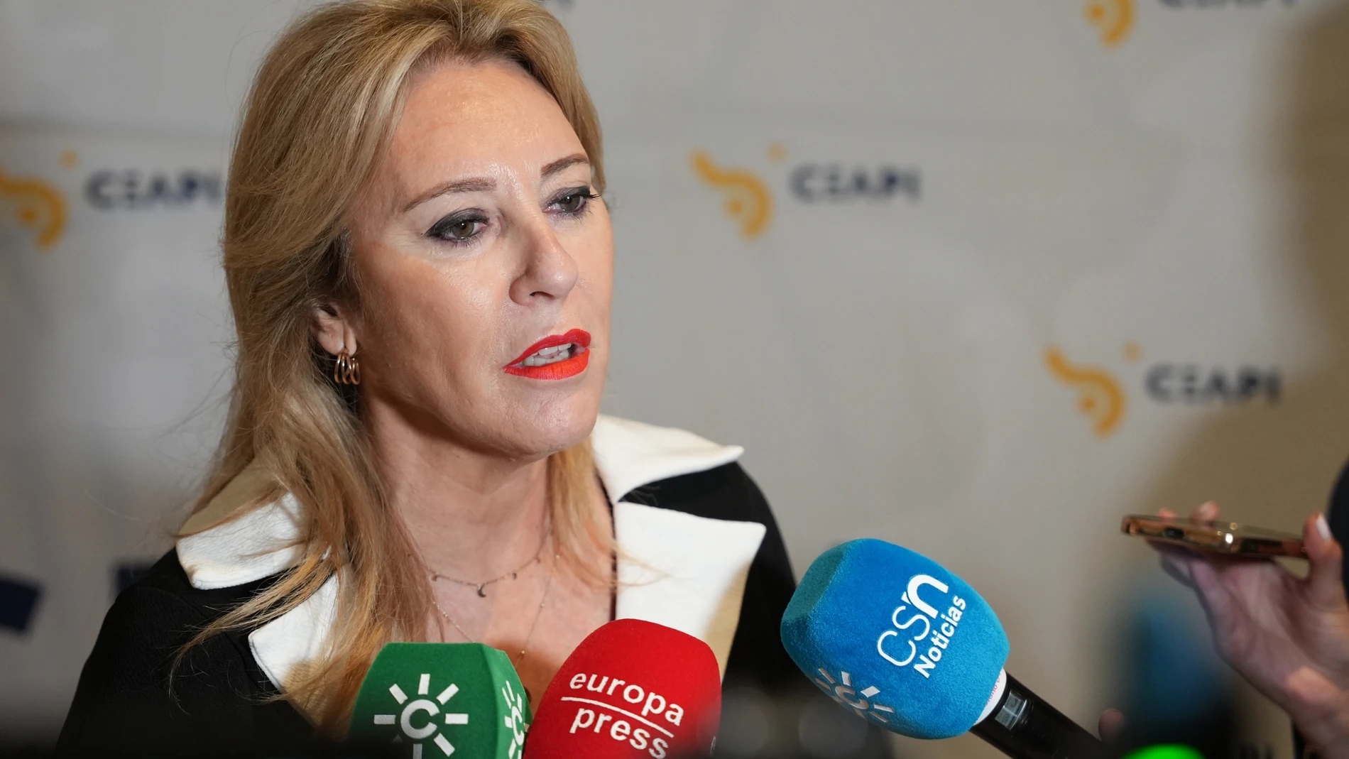 La consejera de Economía, Hacienda y Fondos Europeos, Carolina España, durante la atención a a los medios antes de participar en un desayuno informativo para presentar el VIII Congreso del Consejo Empresarial Alianza por Iberoamérica (CEAPI). A 23 de octubre de 2024, en Sevilla (Andalucía, España). El Gobierno andaluz ha criticado este miércoles las nuevas "cesiones" del Ejecutivo nacional a partidos independentistas para sacar adelante los Presupuestos Generales del Estado (PGE) de 2025, a c...