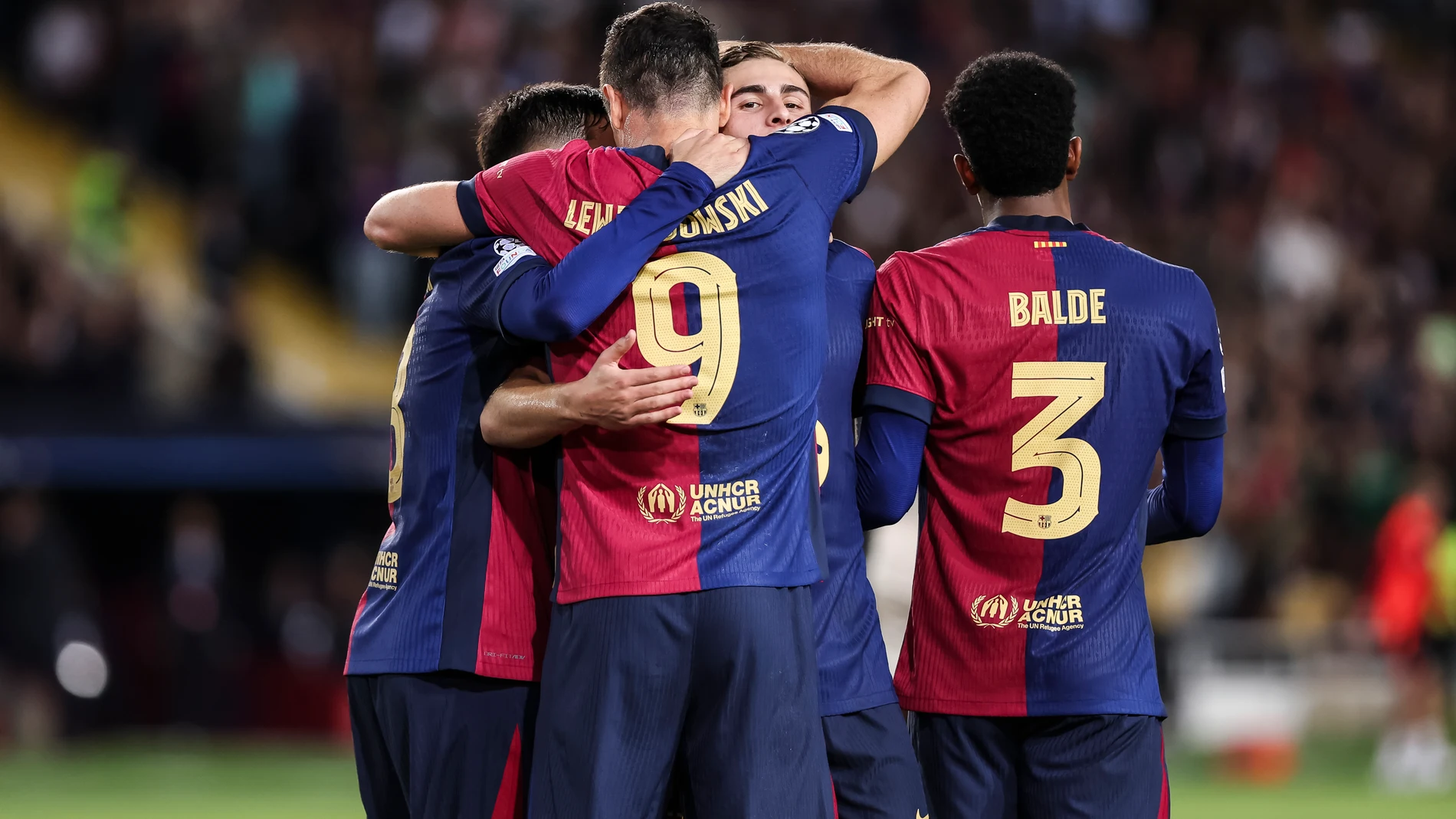 Robert Lewandowski of FC Barcelona celebrates a goal with his teammates during the UEFA Champions League 2024/25 League Phase MD3 match between FC Barcelona and FC Bayern Munchen at Estadi Olimpic Lluis Companys on October 23, 2024 in Barcelona, Spain. AFP7 23/10/2024 ONLY FOR USE IN SPAIN