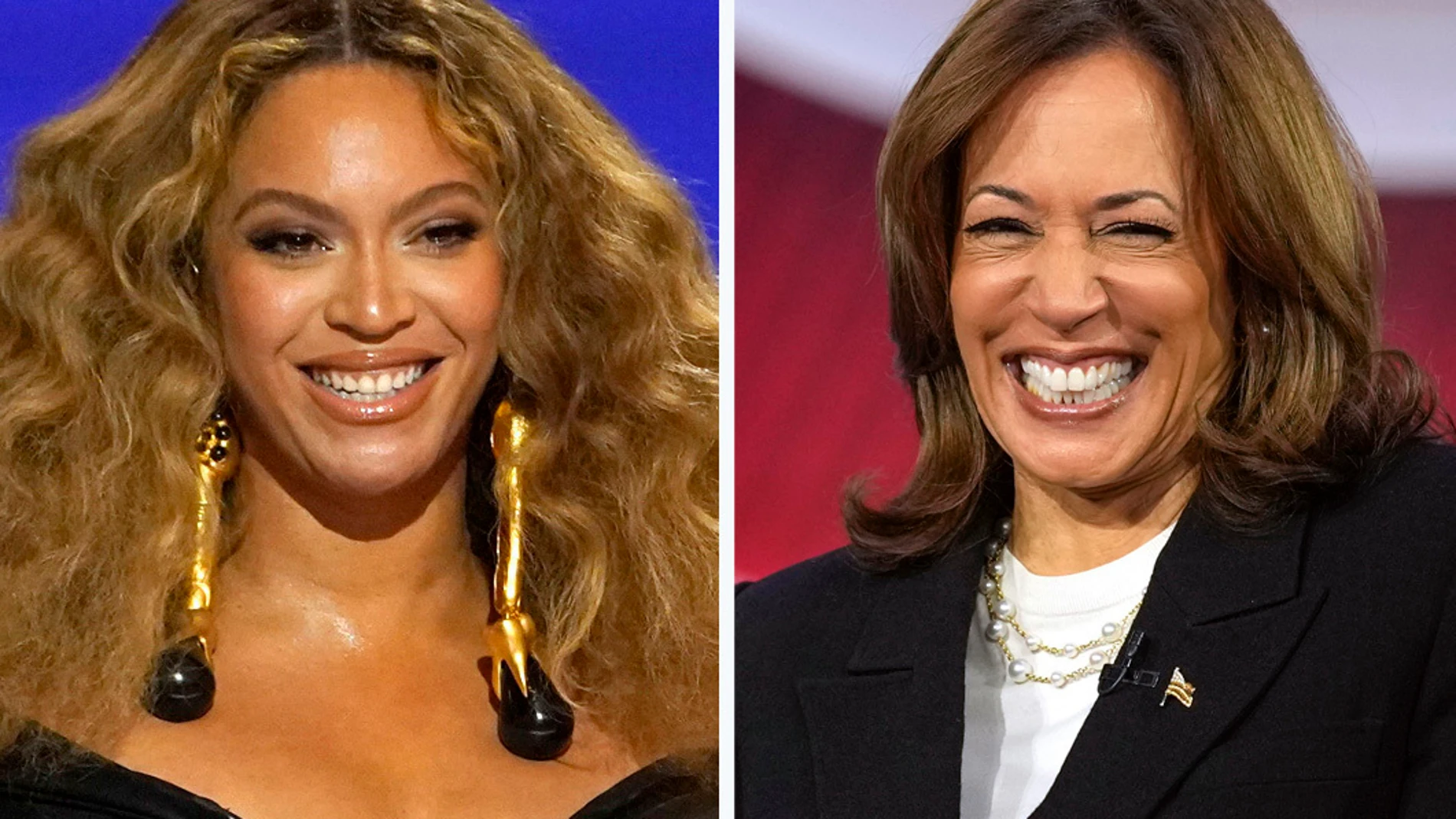 This combination photos shows Beyonce at the Grammy Awards in Los Angeles, March 14, 2021, left, and Democratic presidential nominee Vice President Kamala Harris at a CNN town hall in Aston, Pa., Oct. 23, 2024. (AP Photo)