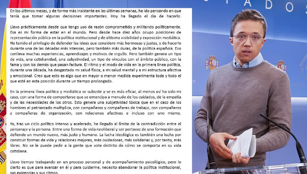 Ésta es la carta con la que Íñigo Errejón ha dicho adiós a la política