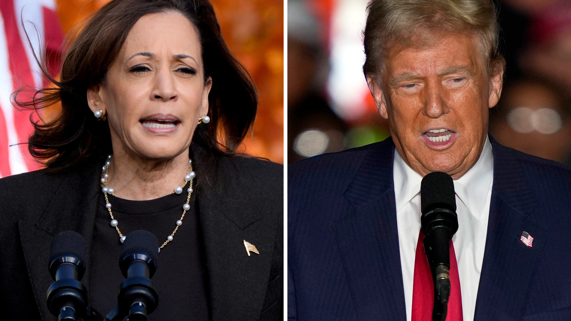 This combination of file photos shows Democratic presidential nominee Vice President Kamala Harris, left, speaking at a campaign rally Oct. 18, 2024, in Grand Rapids, Mich., and Republican presidential nominee former President Donald Trump, right, speaking at a campaign rally Oct. 22, 2024, in Greensboro, N.C. (AP Photo)