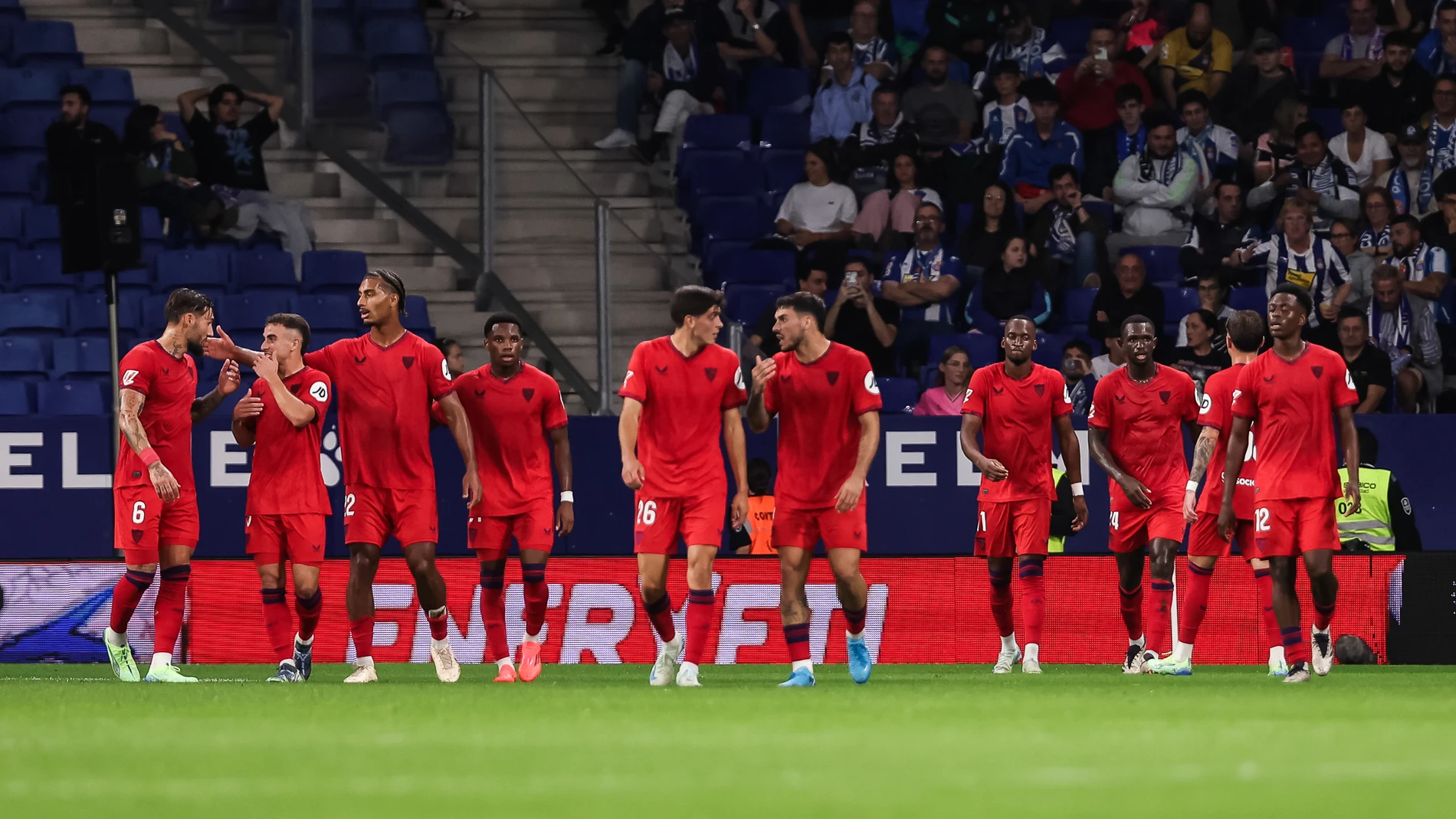 Dodi Lukebakio of Sevilla FC celebrates a goal with his teammates during the Spanish league, La Liga EA Sports, football match played between RCD Espanyol and Sevilla FC at RCDE Stadium on October 25, 2024 in Barcelona, Spain. AFP7 25/10/2024 ONLY FOR USE IN SPAIN