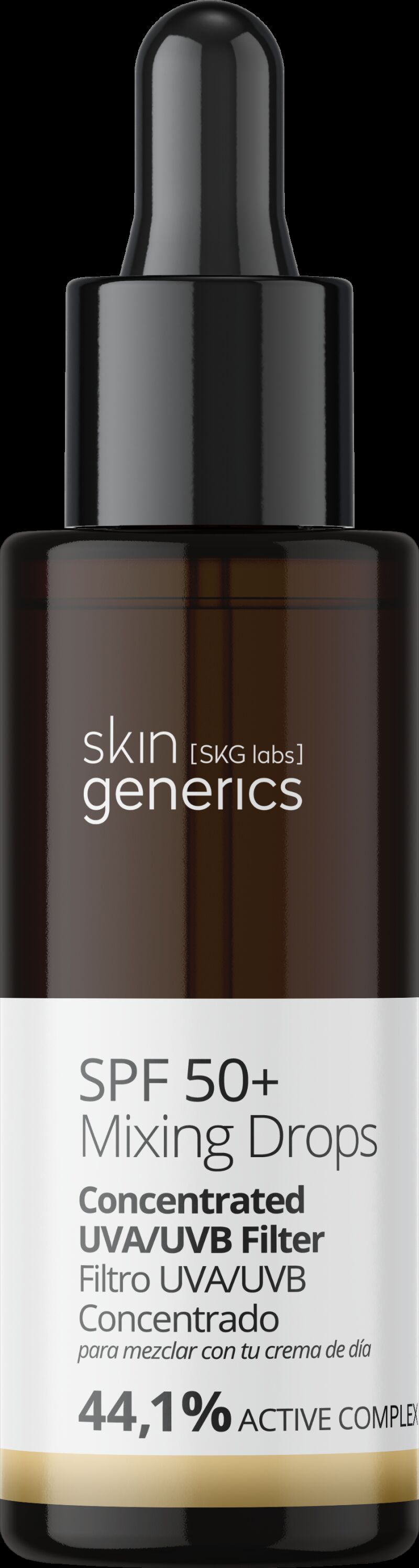 Gotas de protección solar 50+ para mezclar con otros cosméticos. De Skin Generics