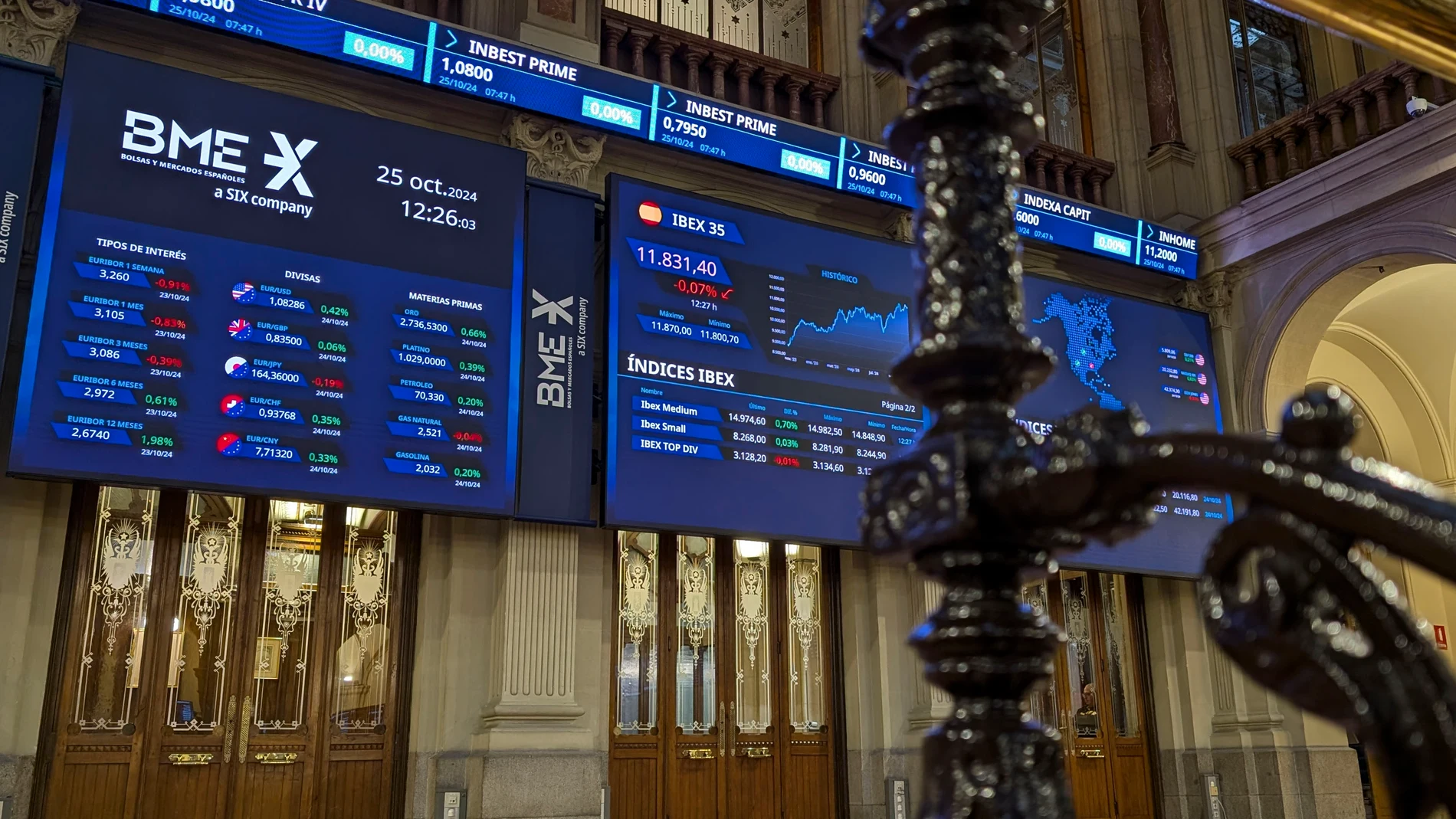MADRID, 25/10/2024.- Vista de las pantallas de la Bolsa de Madrid este viernes. El selectivo de la Bolsa española, IBEX 35, se encuentra prácticamente plano en esta sesión y este mediodía sube un leve 0,01 %, y se sitúa en 11.841,3 puntos con Fluidra y la banca liderando las subidas, e Inditex registrando las mayores caídas del indicador, superiores al 1 %. EFE/ Vega Alonso Del Val