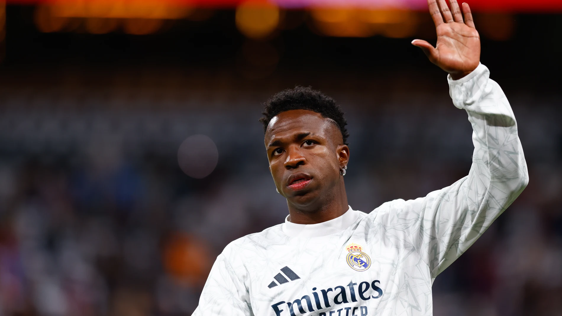 Vinicius Junior of Real Madrid gestures during the Spanish League, LaLiga EA Sports, football match played between Real Madrid and FC Barcelona at Santiago Bernabeu stadium on October 26, 2024, in Madrid, Spain. AFP7 26/10/2024 ONLY FOR USE IN SPAIN