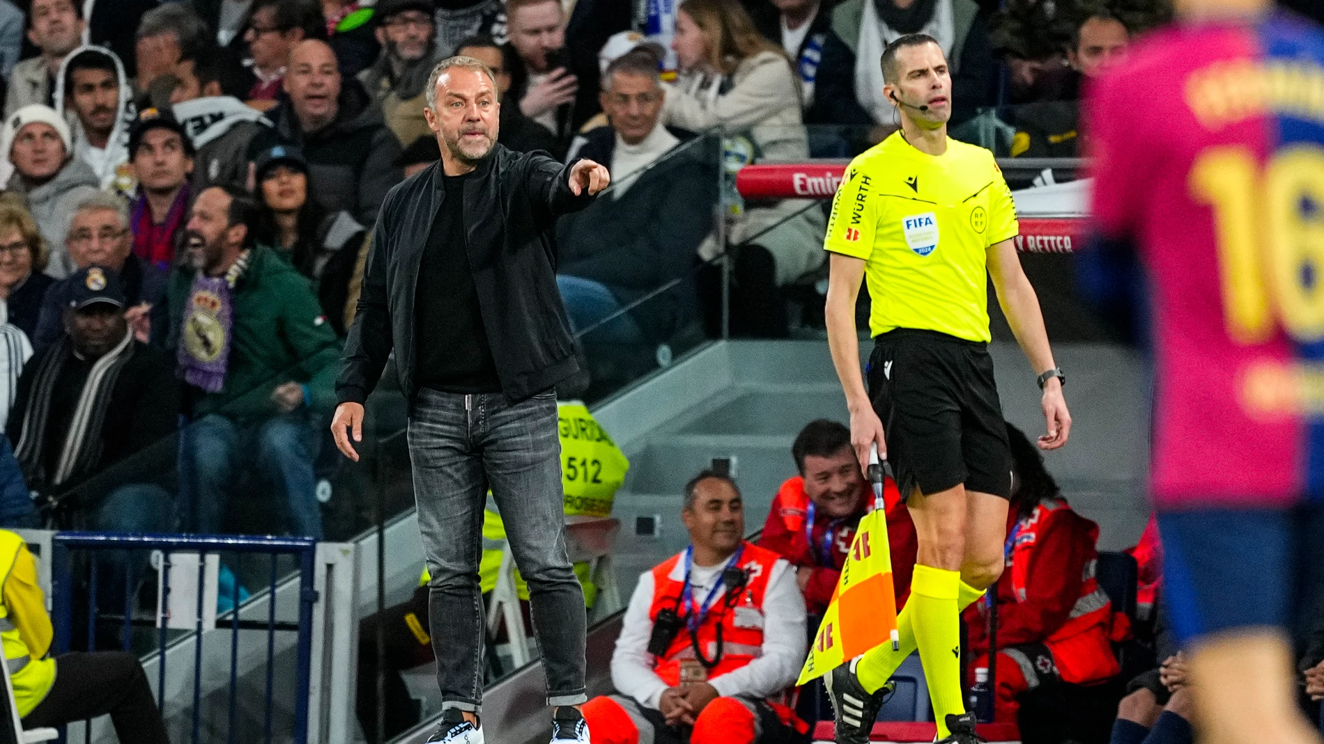 Hansi Flick, head coach of FC Barcelona, gestures during the Spanish league, La Liga EA Sports, football match played between Real Madrid and FC Barcelona at Santiago Bernabeu stadium on October 26, 2024, in Madrid, Spain.AFP7 26/10/2024 ONLY FOR USE IN SPAIN